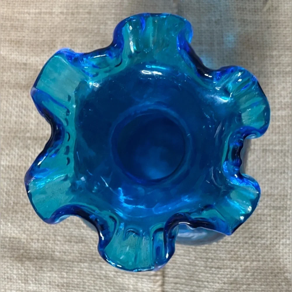 Bright Blue Hand Blown Glass Thumbprint Vase Ruffle Rim Ocean Coastal Fairy Core